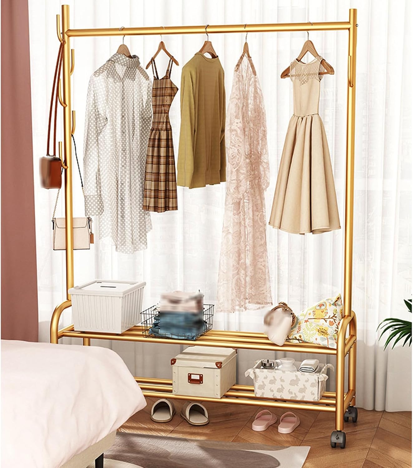 Heavy Duty Clothing Rack w/Wheels & 7 Side Hooks Metal Clothes Rack w/Double Layer Shoe Rack Rolling Garment Rack for Hanging Clothes Coats Shirts