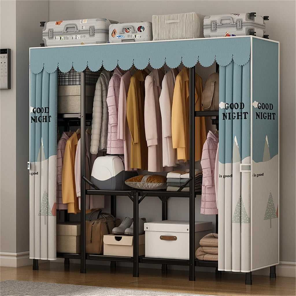 Heavy Duty Closet Organizer System,Clothes Rack With Cover Heavy Duty Clothing Racks,Freestanding Clothing Racks For Hanging Clothes,for Hanging Clothes & Storaging Bedding(Blue,150 * 45 * 165CM)