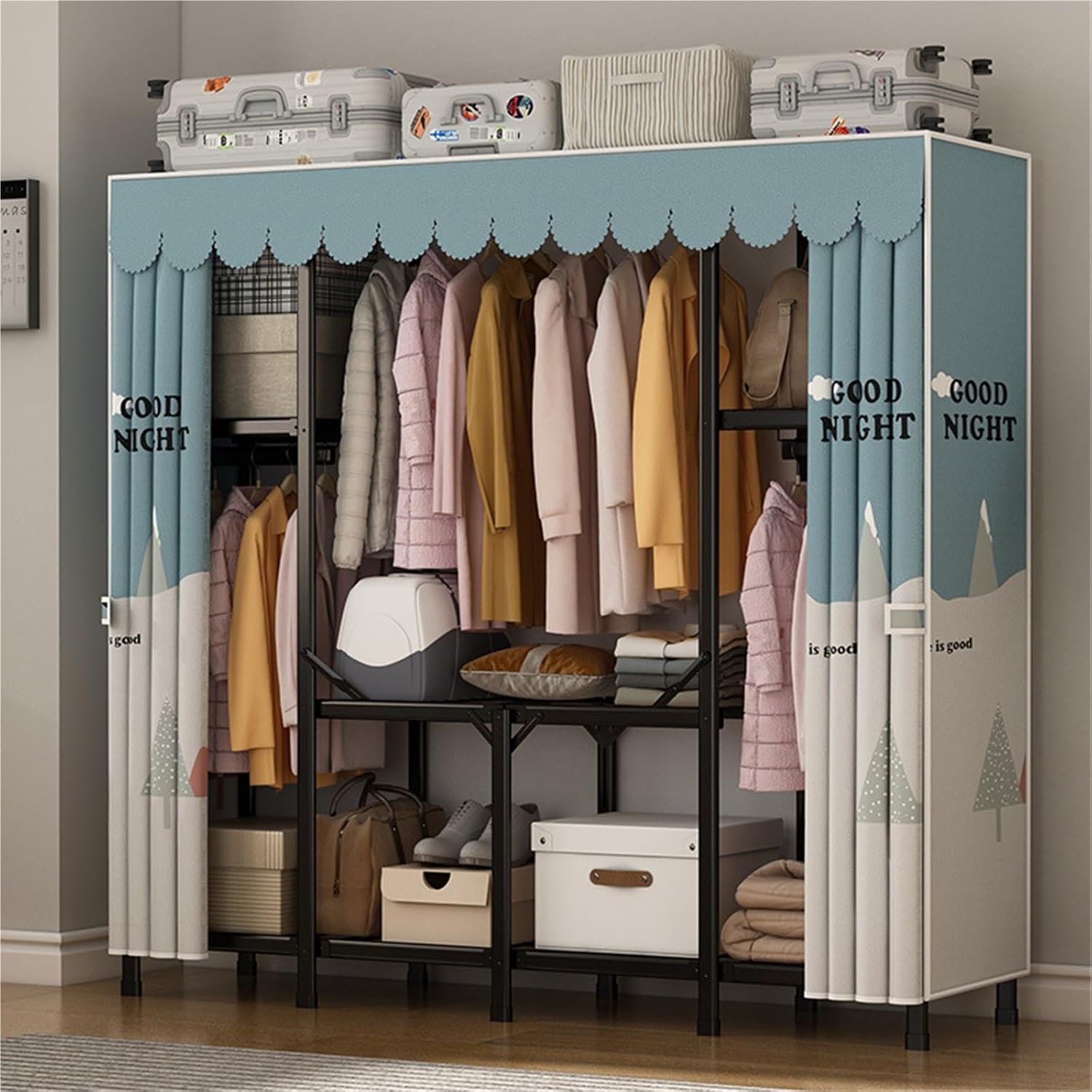 Heavy Duty Closet Organizer System,Clothes Rack With Cover Heavy Duty Clothing Racks,Freestanding Clothing Racks For Hanging Clothes,for Hanging Clothes & Storaging Bedding(Blue,150 * 45 * 165CM)