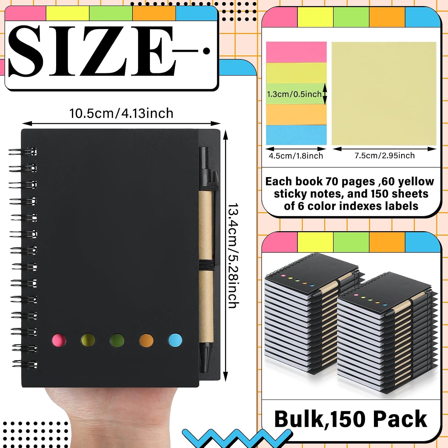 Qilery 150 Pack Lined Spiral Notebook Small Notepad and Pen Set Steno Pads Lined Notepad Black Pocket Notebook for Business Office Supplies