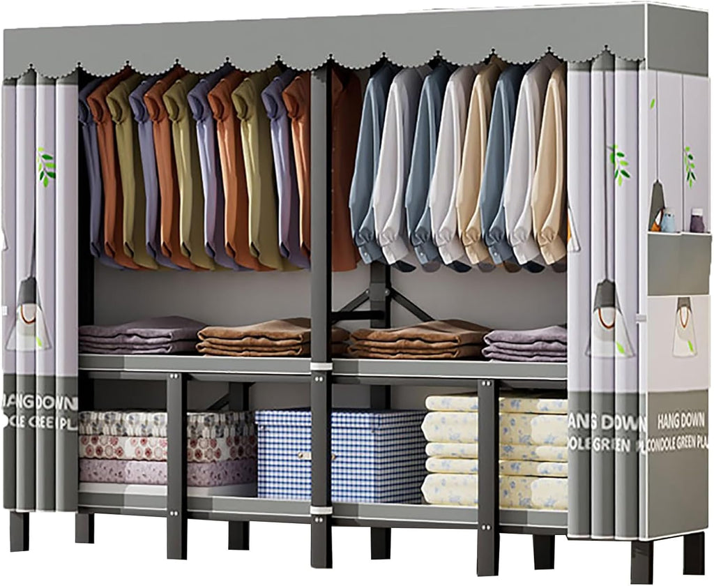 Heavy Duty Clothes Rack With Cover Foldable Wardrobe Closet For Hanging Clothing Metal Garment Rack Freestanding Covered Armoire For Bedroom(C,221cm/87in)