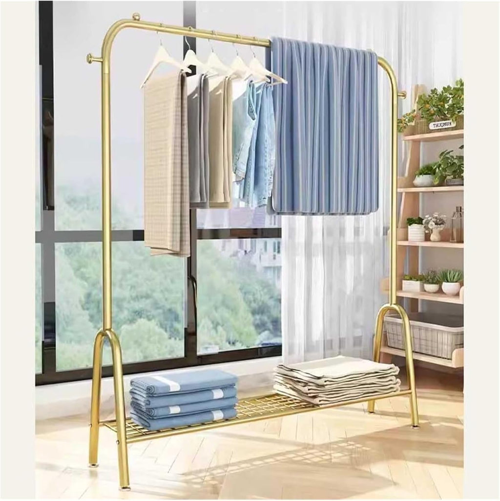 Metal Clothing Rack, Heavy Duty Clothes Organizer Storage with Shelves Clothing Hanger Rack Garment Rack Wardrobe Rack for Coats, Shirts, Dress(Gold,100x33x147cm)