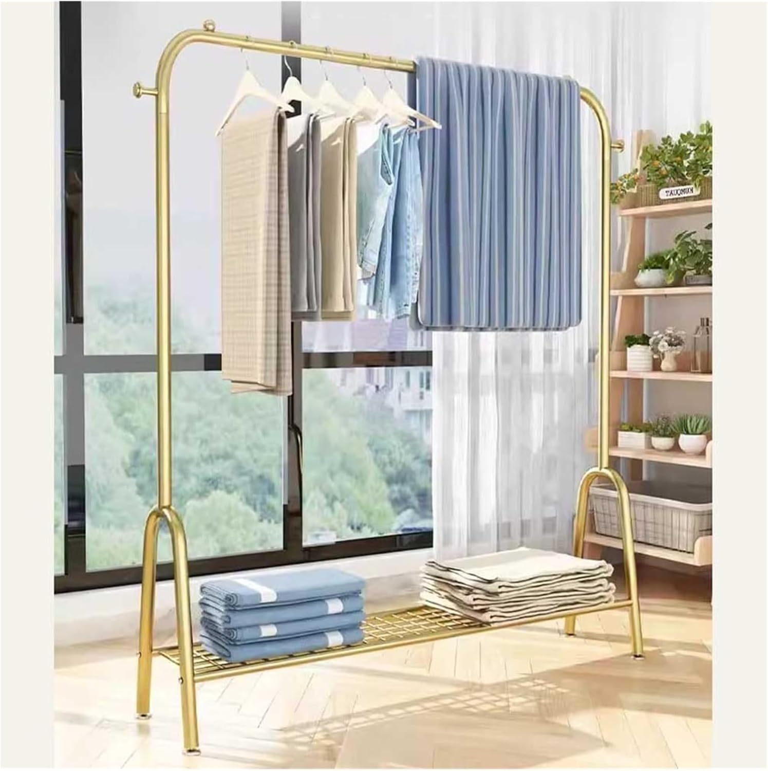 Metal Clothing Rack, Heavy Duty Clothes Organizer Storage with Shelves Clothing Hanger Rack Garment Rack Wardrobe Rack for Coats, Shirts, Dress(Gold,100x33x147cm)