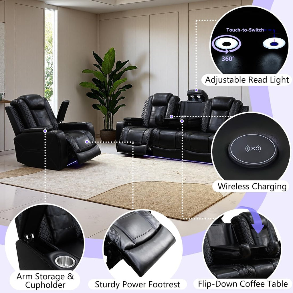 Leather Power Recliner Sofa Set with LED, Living Room Furniture Sets, 2 Piece Reclining Couches, Recliner Sofa and Chair Set with Arm Storage/Cup Holders/Charging Ports for Home Theater/Office
