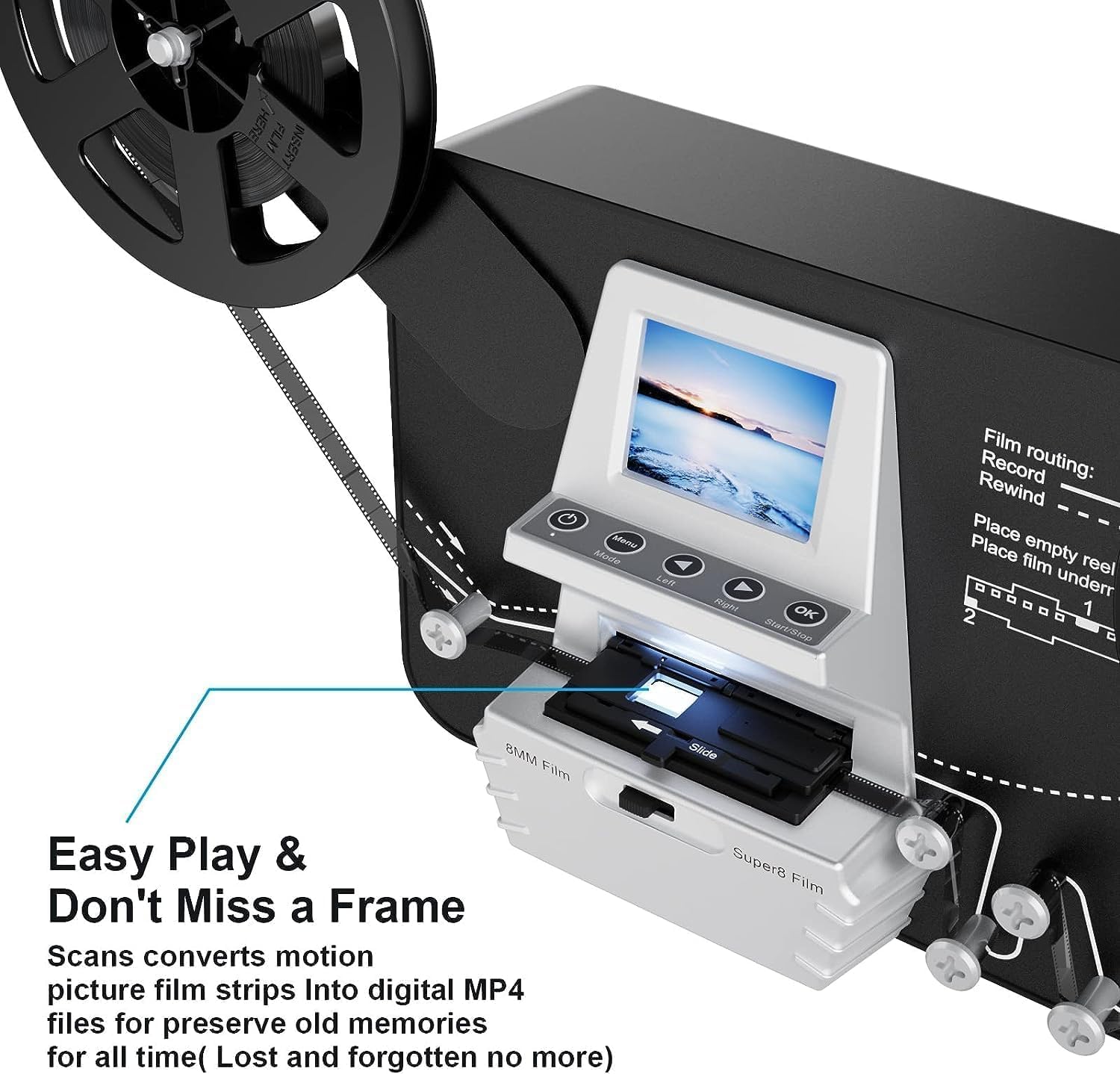 8mm & Super 8 Reels to Digital MovieMaker Pro Film Digitizer,Film Scanner,Converts Frame by MP4 Files, with 2.4'' Screen, Viewing Saving on SD Card(Included) for 3'5'7'9' Reels, Black