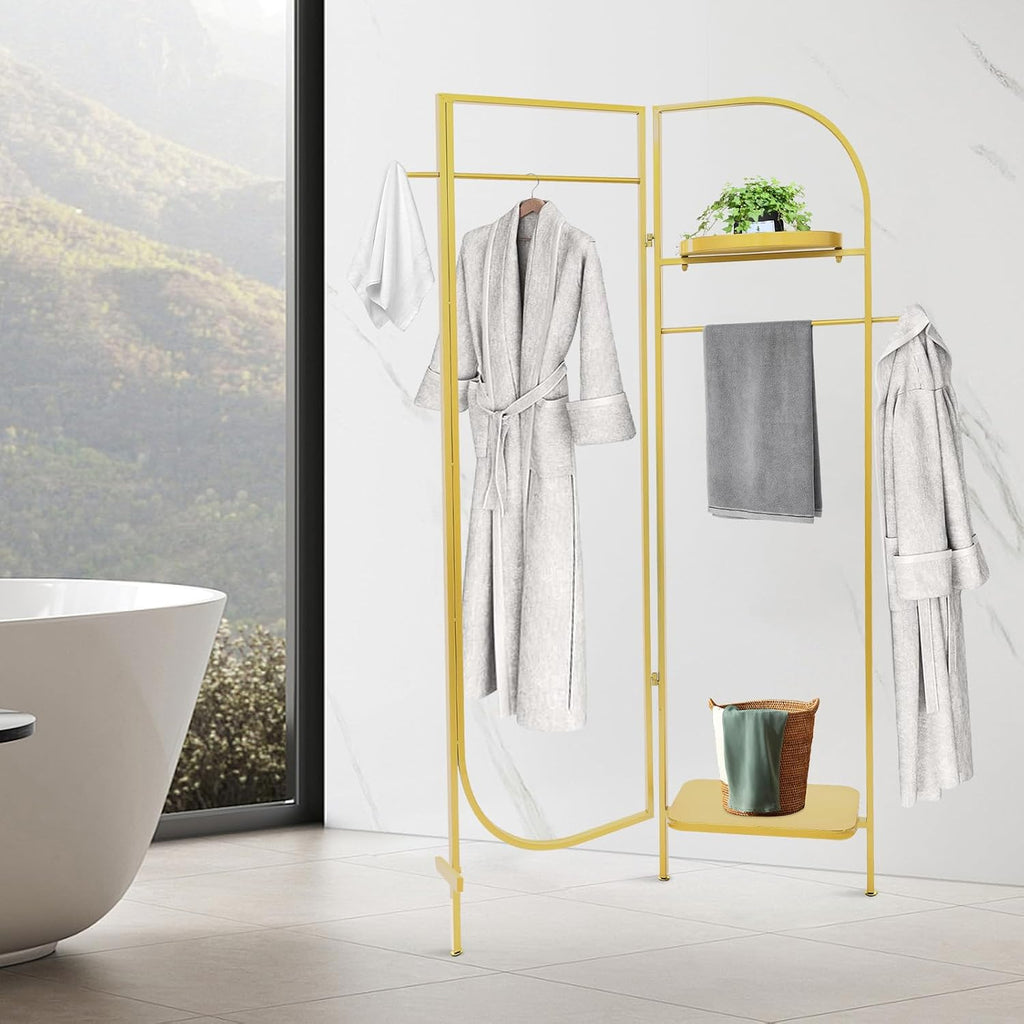 Clothes Display Stand, Metal Heavy Duty Freestanding Garment Rack Foldable Clothing Shelf Clothes Rack for Hanging Clothes Coats Skirts Shirts Sweaters (Gold)