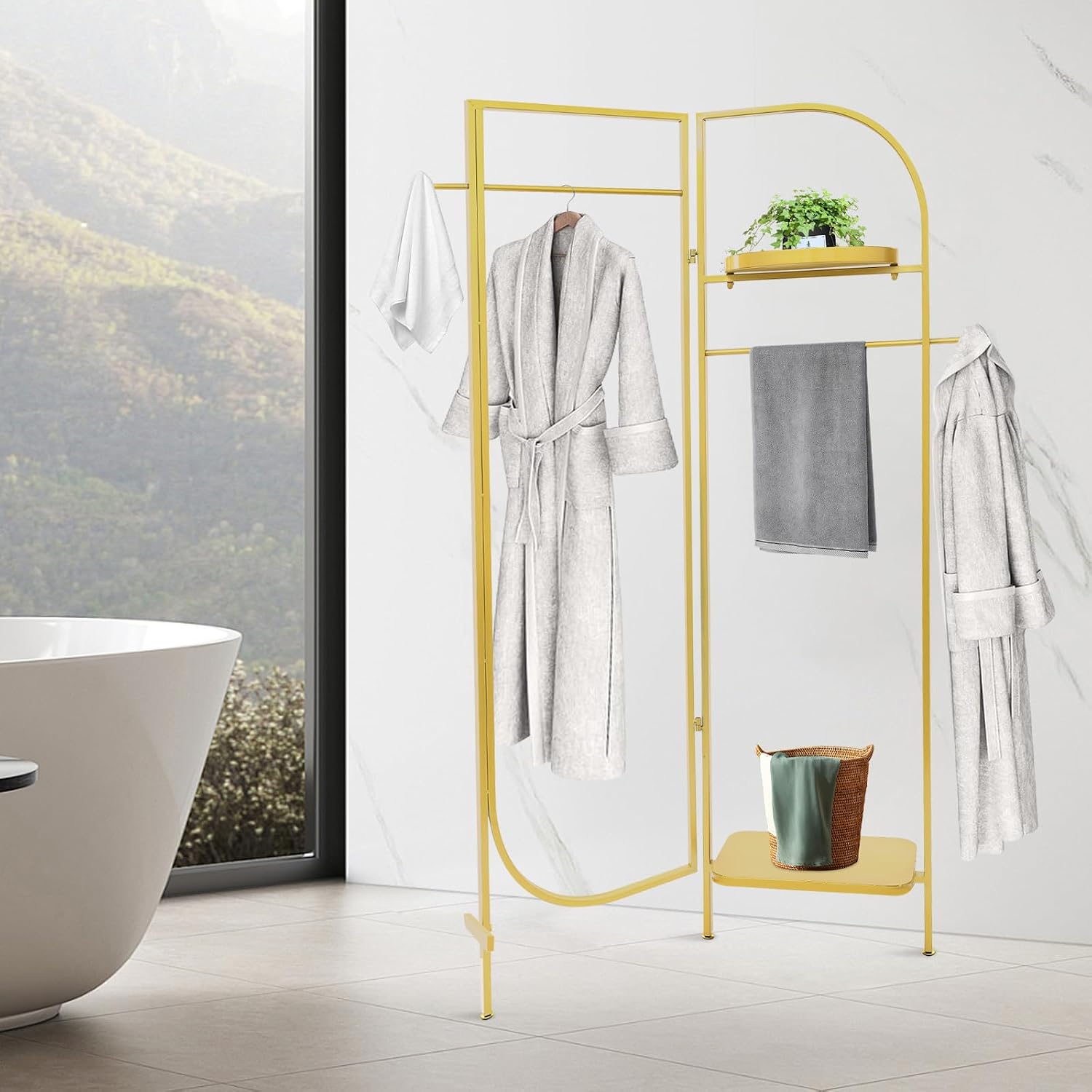 Clothes Display Stand, Metal Heavy Duty Freestanding Garment Rack Foldable Clothing Shelf Clothes Rack for Hanging Clothes Coats Skirts Shirts Sweaters (Gold)