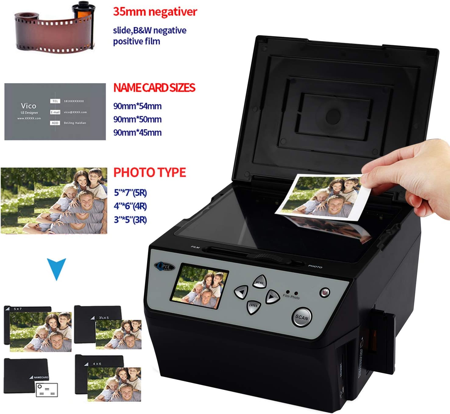 Digital Film & Photo Scanner Multi-Function Combo Scanner with HD 22MP, Convert 135Film/35mm slide/110Film/Photo/Document/Business Card to Digital JPG Files, 2.4 inch LCD, Black
