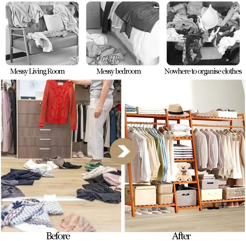 Bamboo Freestanding Clothes Rail with Top Shelf Hanging Rod Shoe Rack Open Wardrobe Closet for Bedroom and Hallway Storage