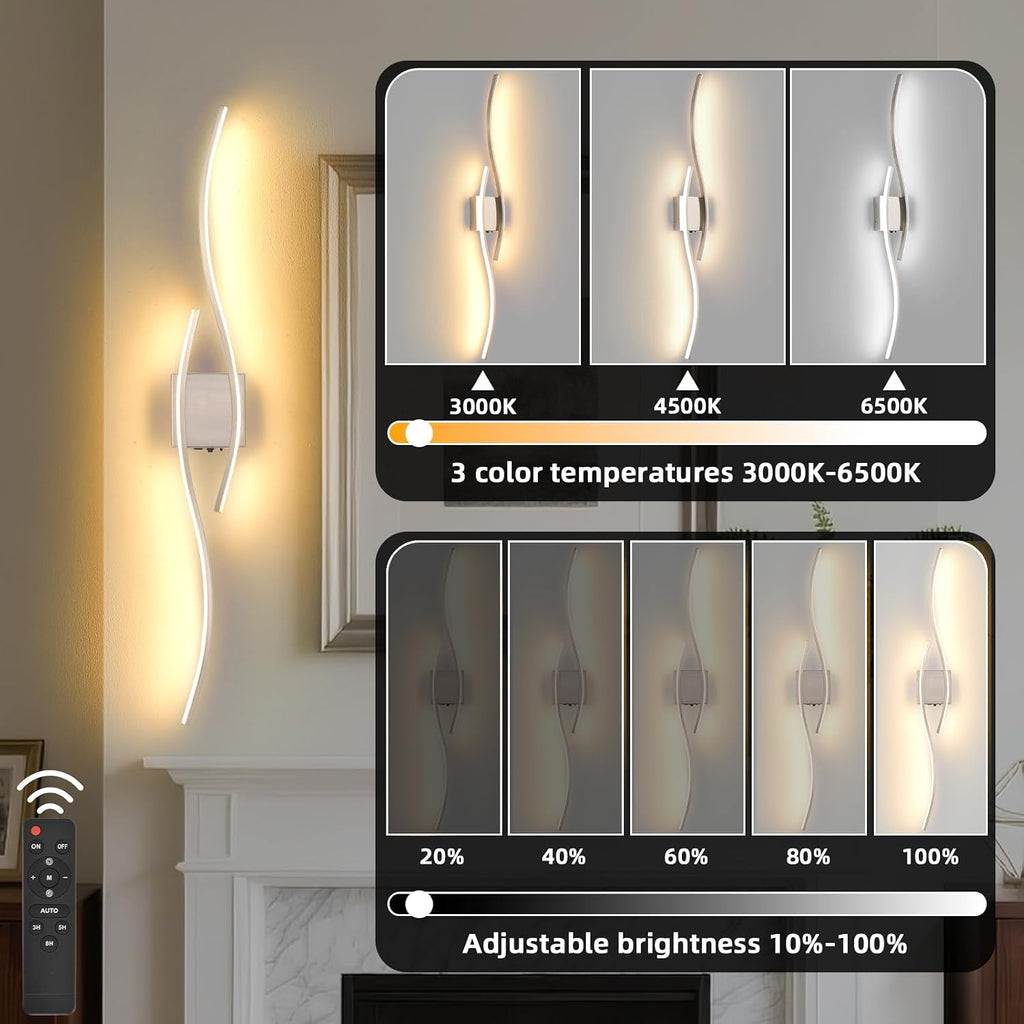Battery Powered Wall Sconces Set of 2, Nickel 39' LED Dimmable Wall Sconce with Remote Control/Timer/Memory, USB Rechargeable Wall lights for Living Room, Bedroom, Hallway Wireless scones lighting