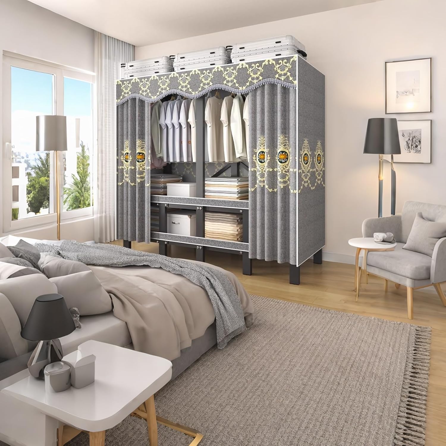 Portable Wardrobe Closet Rack,Heavy-Duty Foldable Garment Rack with Cover, Freestanding Clothes Organizer System,Enclosed Curtain Armoires for Bedroom(A,125cm/49in)