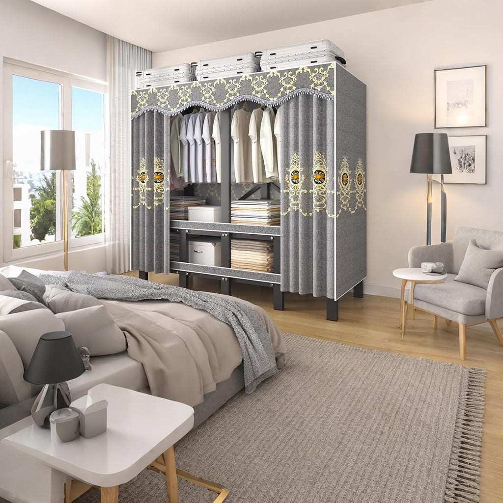Portable Wardrobe Closet Rack,Heavy-Duty Foldable Garment Rack with Cover, Freestanding Clothes Organizer System,Enclosed Curtain Armoires for Bedroom(A,150cm/59in)