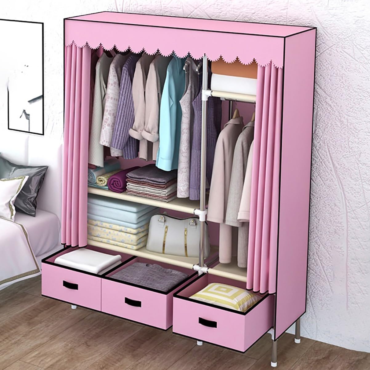 Garment Rack Heavy Duty Clothes Rack With Cover Freestanding Metal Clothing Rack Portable Closet Wardrobe With 2 Hanging Rods And 3 Drawers For Bedroom (Color : Pink, Size : 125x45x168cm)
