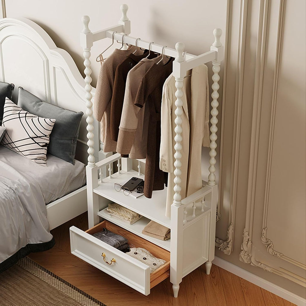 Solid Clothes Rack, Garment Racks, Drawers and A Shelf, Floor Coat Rack Retro Wooden Floor-Standing, Clothes Racks Bedroom for Hanging Shirts, Jackets(White)