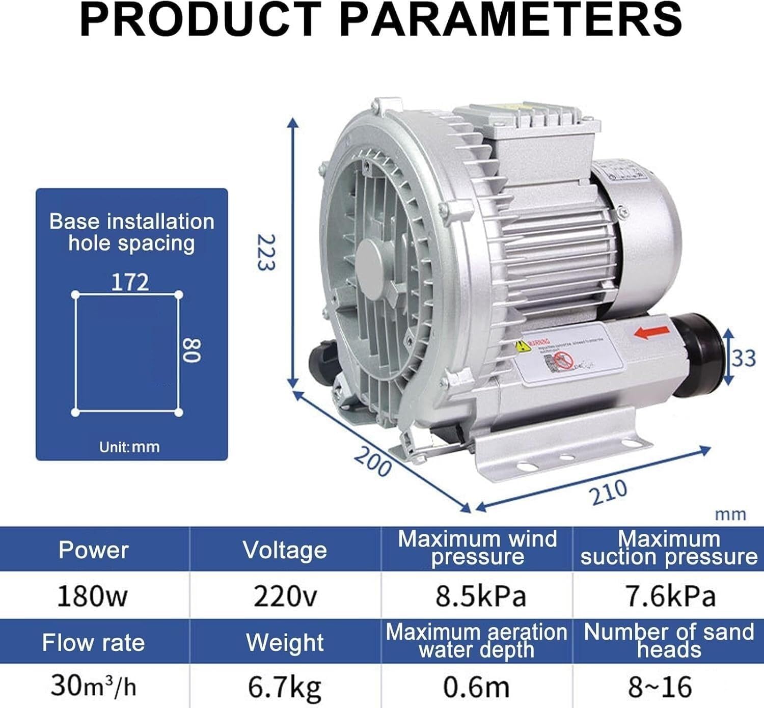 Single/Three Phase Electric Regenerative Air Pump 0.16-2.04HP Vortex Blower 120W-7500W for Sewage Aeration Aquarium Hydroponics Septic Tanks High Pressure Ring Blower(180W/220V)