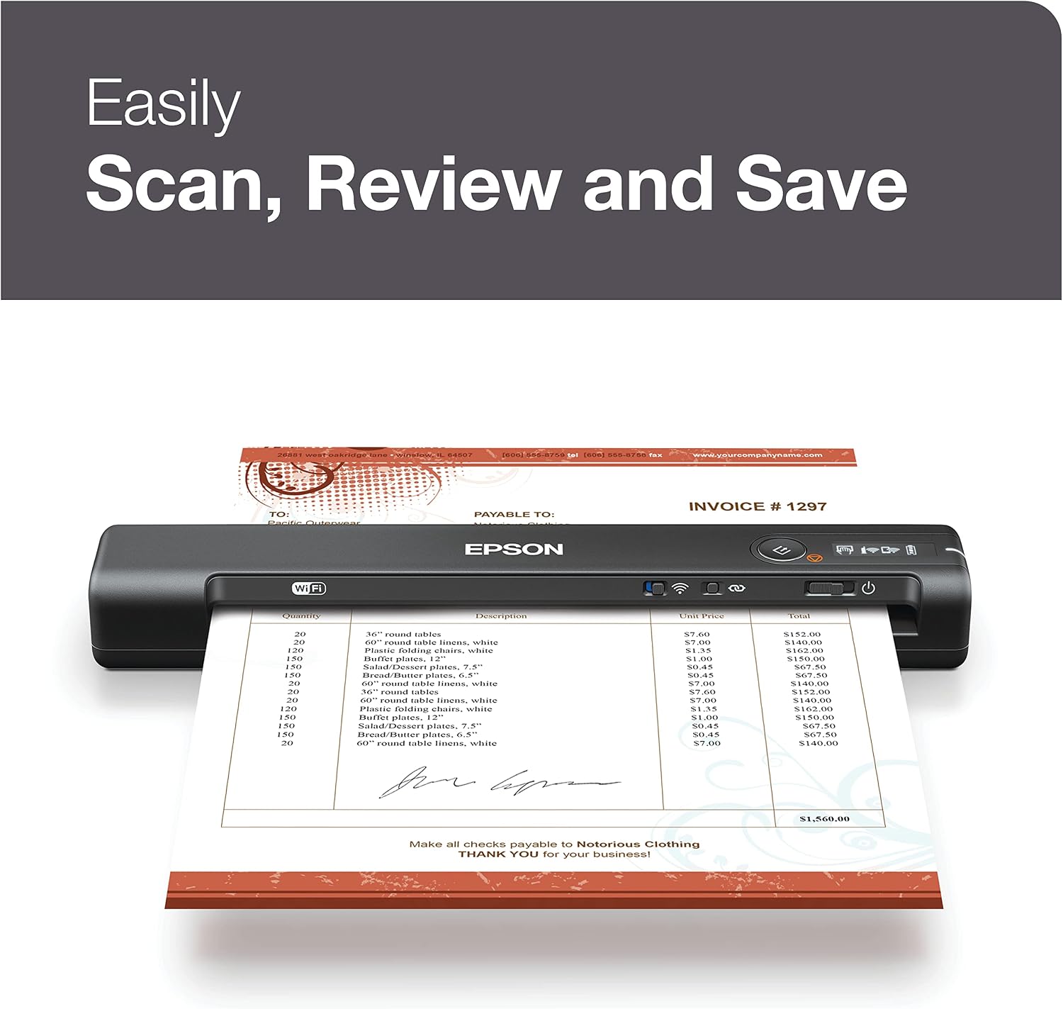 Epson Workforce ES-60W Wireless Portable Sheet-fed Document Scanner for PC and Mac 10.7' by 1.9' by 1.4'