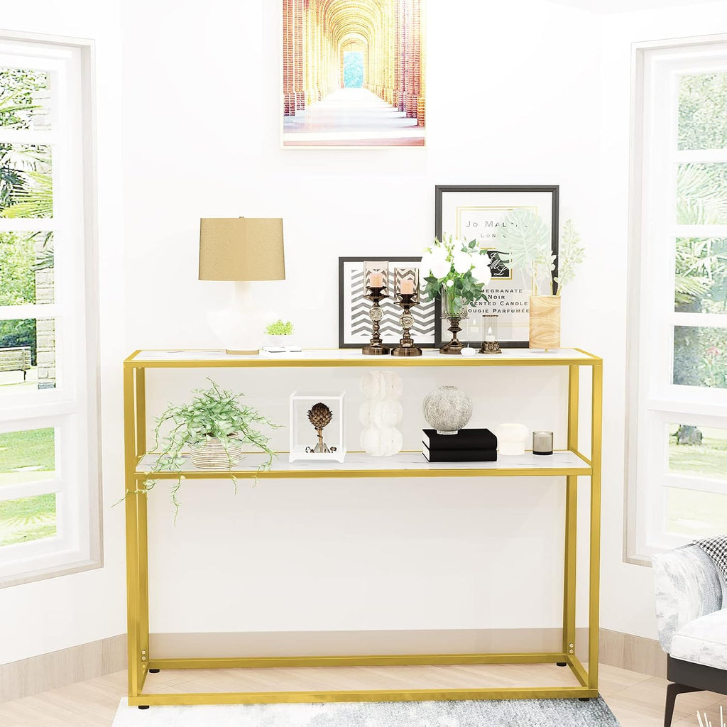 AWQM 3 Pieces Modern Coffee Set, with End Table and Console Table, Contemporary Faux Marble Living Room Table Sets, White&Gold