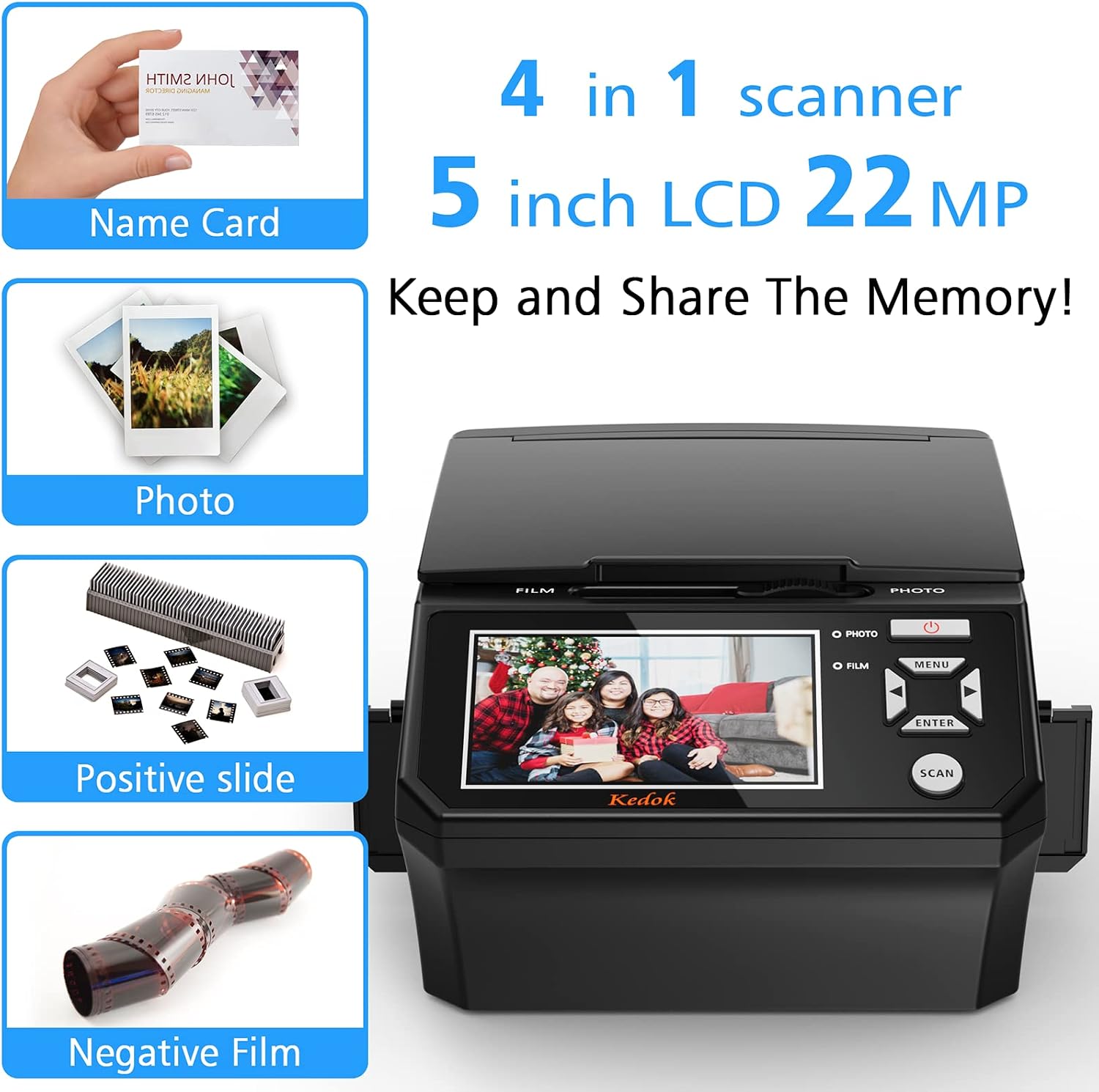 KEDOK Photo,NameCard,Slide & Negative Scanner with Large 5' LCD Screen,Film and Slide Digitizer-Convert 35mm,110 Film/Photo(3R,4R,5R)/NameCard to 22MP Digital JPEG-8GB SD Card Included