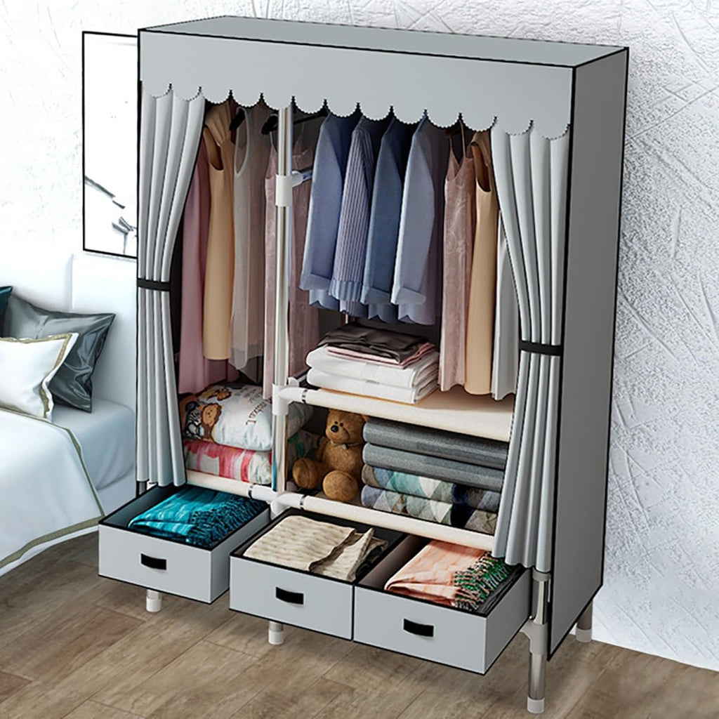 Garment Rack Heavy Duty Clothes Rack with Cover Freestanding Metal Clothing Rack Portable Closet Wardrobe with 2 Hanging Rods and 3 Drawers for Bedroom (Color : Gray A, Size : 105x45x168cm)