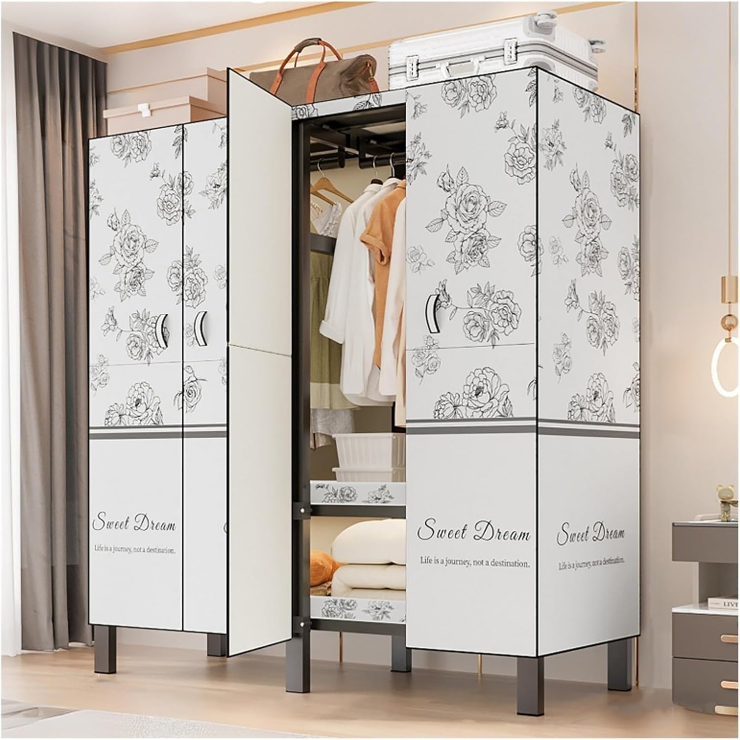 Foldable Closet Wardrobe Heavy Duty Clothes Rack With Cover Portable Metal Clothing Rack Organizer Freestanding Armoire Storage Garment Racks For Hanging Clothes(E,180x172x52cm/71X68X21IN)