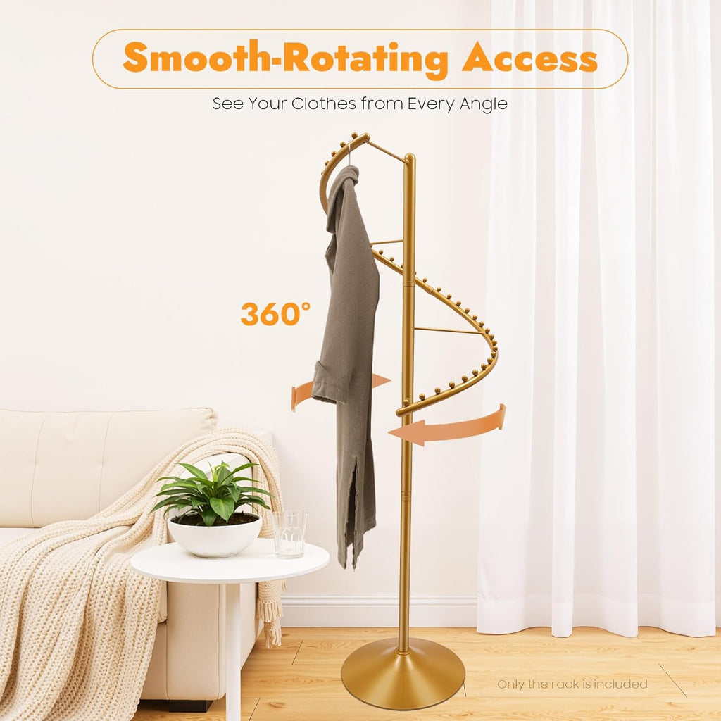 Spiral Rotating Clothing Rack, 360° Spiral Retail Round Garment Rack with 38 Ball, 71inch Freestanding Metal Hanging Clothing Display Stand for Bedroom Living Rooms Stores, Gold