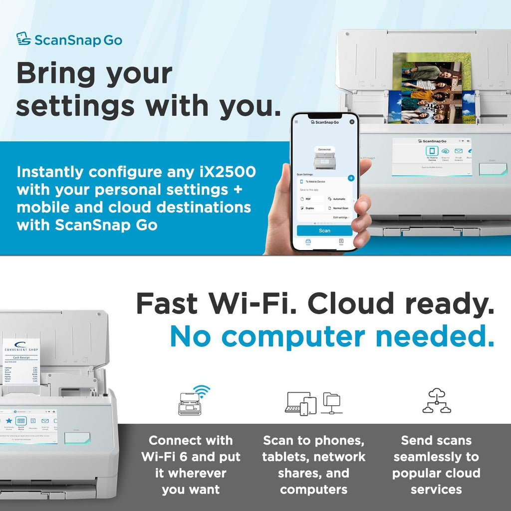 ScanSnap iX2500 Wireless or USB High-Speed Cloud Enabled Document, Photo & Receipt Scanner with Large 5' Touchscreen and 100 Page Auto Document Feeder for Mac or PC, White