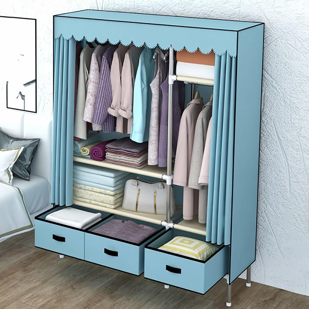 Garment Rack Heavy Duty Clothes Rack With Cover Freestanding Metal Clothing Rack Portable Closet Wardrobe With 2 Hanging Rods And 3 Drawers For Bedroom (Color : Blue, Size : 125x45x168cm)