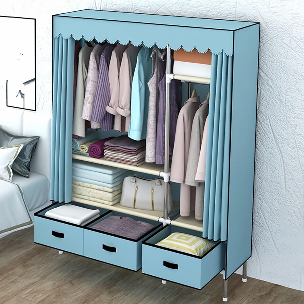 Garment Rack Heavy Duty Clothes Rack With Cover Freestanding Metal Clothing Rack Portable Closet Wardrobe With 2 Hanging Rods And 3 Drawers For Bedroom (Color : Blue, Size : 125x45x168cm)
