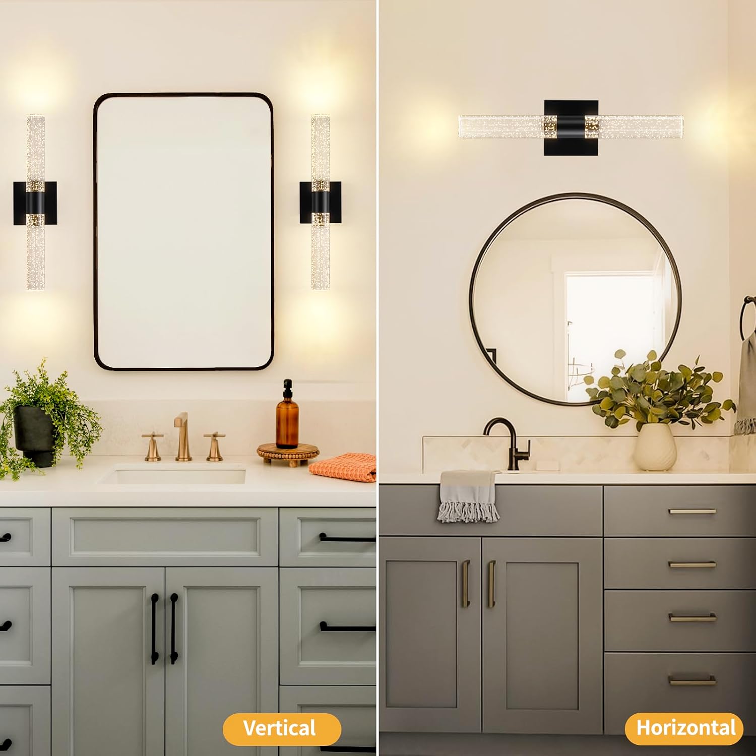 Black Modern LED Wall Sconces Set of Two 3000K-6000K Crystal Bathroom Sconce Lights 12W LED Vanity Light Bar Wall Lights for Bedroom Living Room, 18 Inch, 3 Color Temperature Adjust