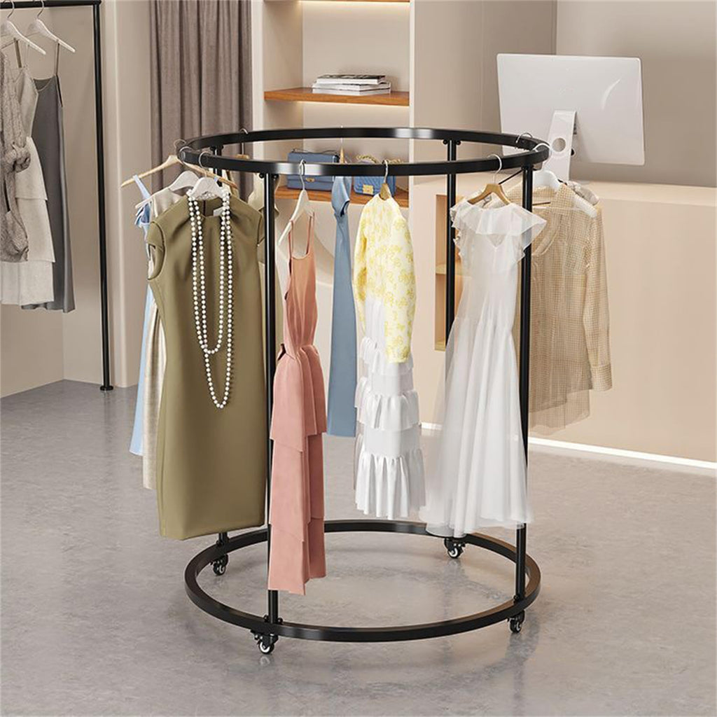 Black,150CM,Round Garment Clothing Rack, Freestanding Metal Rotating Garment Rack with 4 Wheels,Retail Spiral Dress Rack,Commercial Floor Standing Clothes Hanging Rack,Portable Retail Display Stand