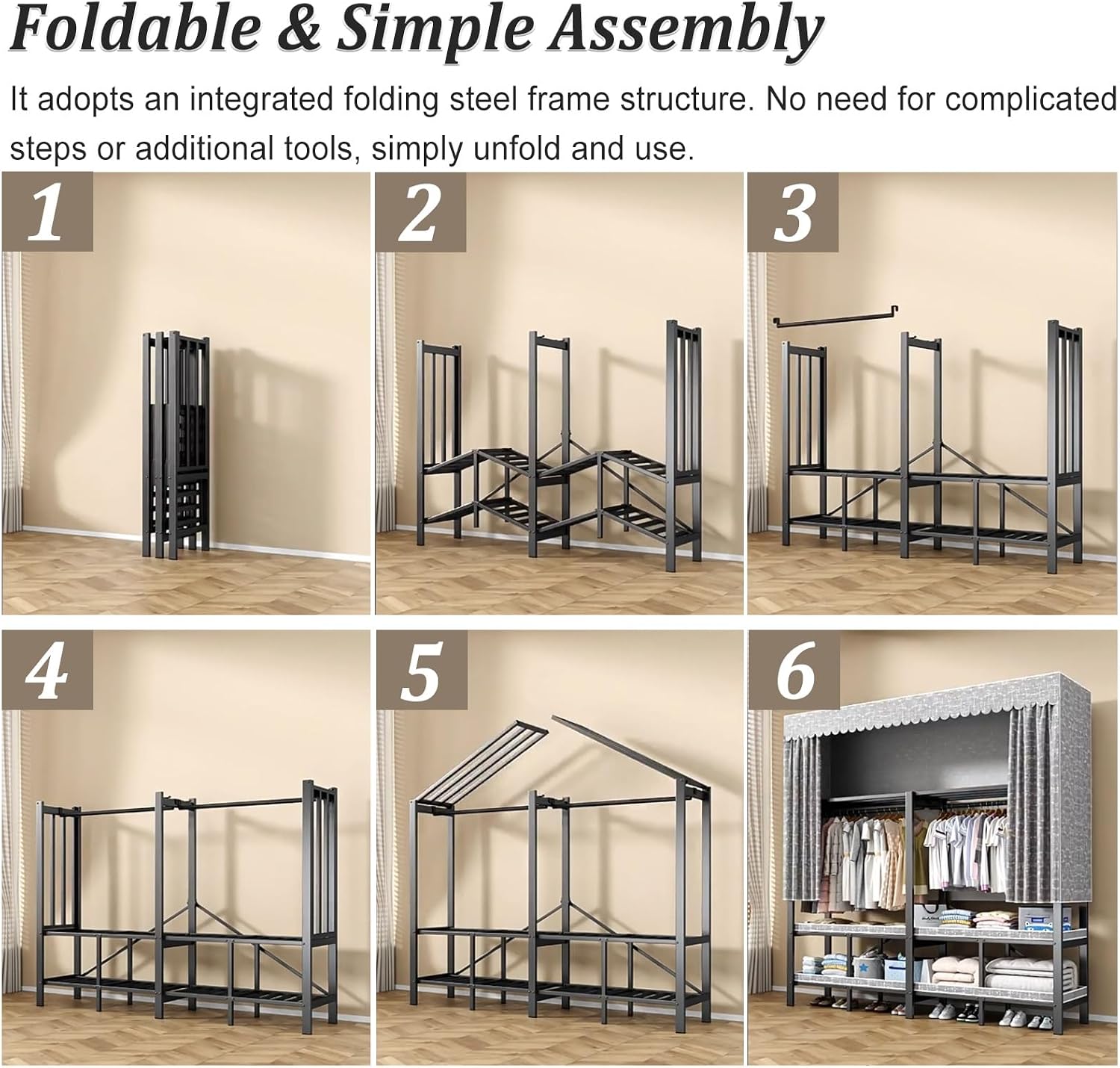 Foldable Garment Racks with Cover, Enclosed Portable Wardrobe with Independent Area, Magnetic Closet Armoire for Hanging Clothes & Bedding(1.25m/4.1ft)