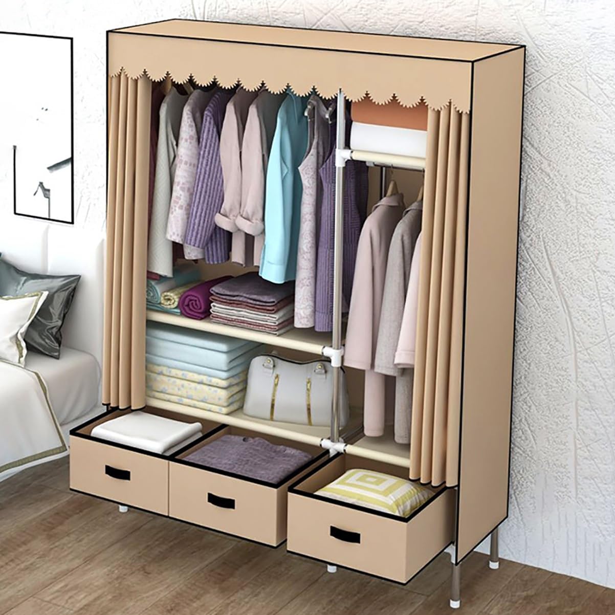 Garment Rack Heavy Duty Clothes Rack With Cover Freestanding Metal Clothing Rack Portable Closet Wardrobe With 2 Hanging Rods And 3 Drawers For Bedroom (Color : Brown, Size : 125x45x168cm)