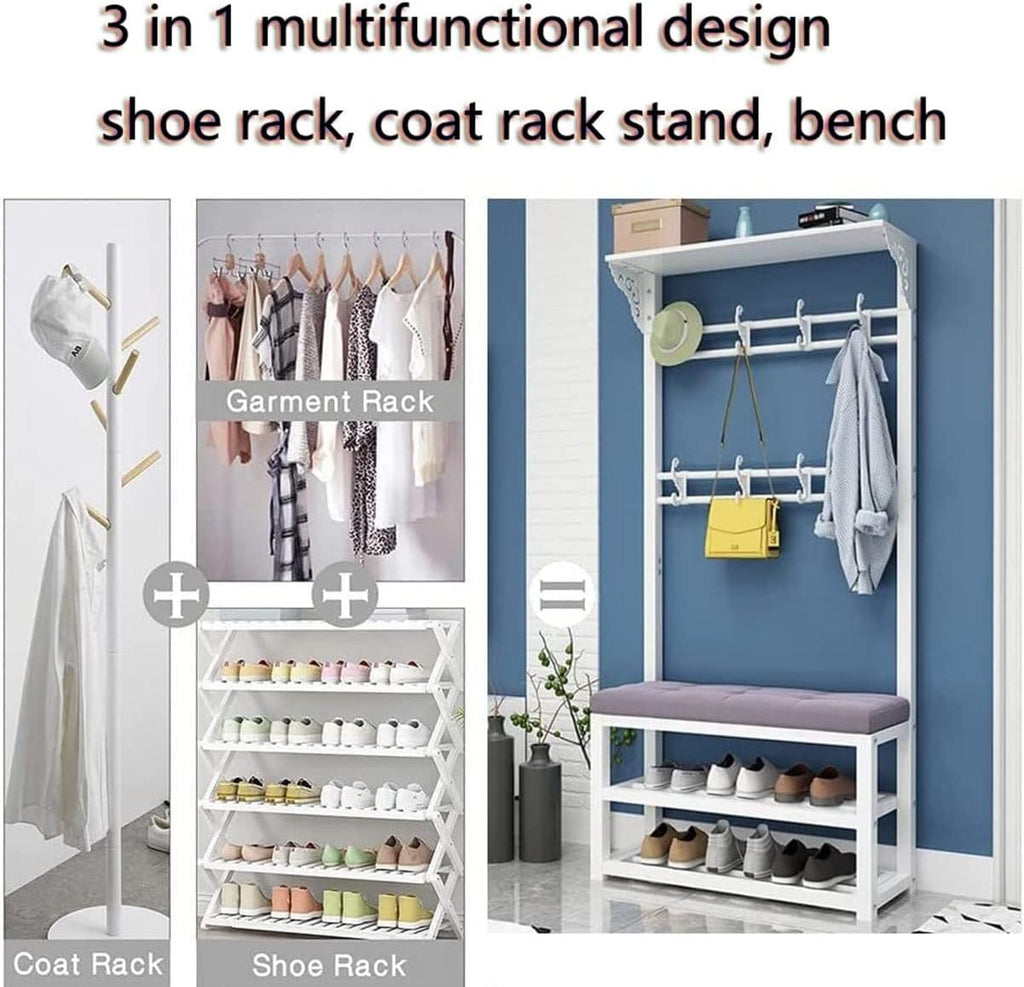 Coat Rack Stand, Hall Tree with 2 Shoe Shelf and Bench Freestanding Garment Rack with 8 Hooks for Bedroom Living Room Entryway/Black/100 * 30 * 172Cm