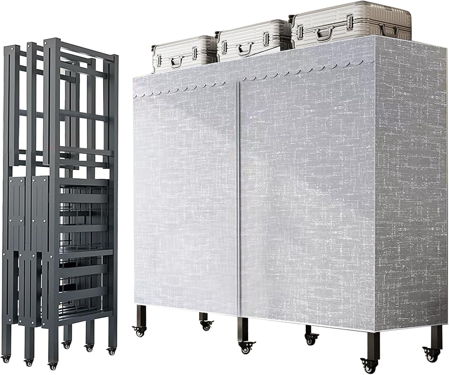 Portable Closet Wardrobe on Wheels, Heavy-Duty 2000 lbs Capacity Freestanding Metal Clothing Rack with Cover for Rolling Garment Storage