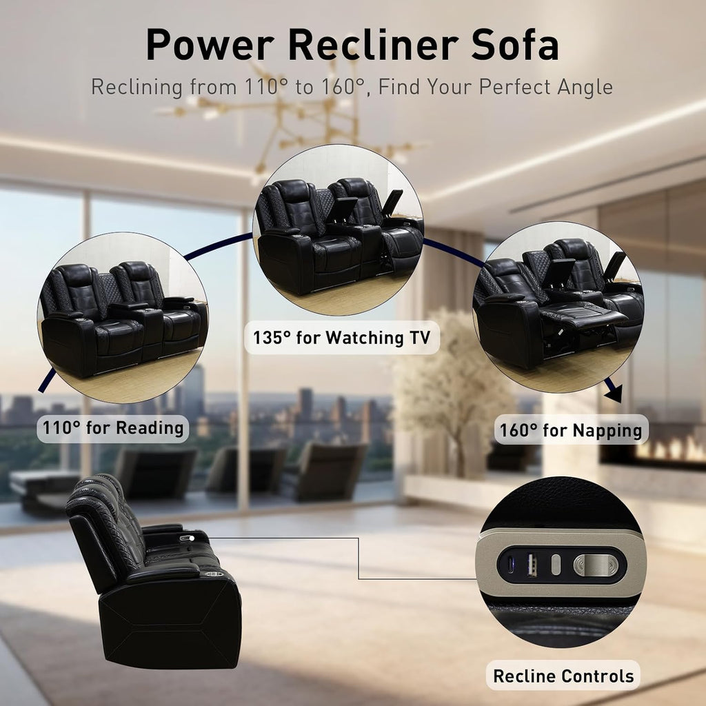 Power Recliner Sofa Set - 3 Piece Living Room Furniture Set with Electric Reclining Sofa, Loveseat and Chair, Breathable Faux Leather with USB Ports, Wireless Charging, Cup Holders and LED Lights