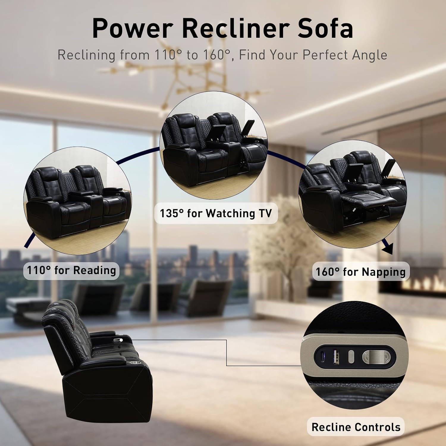 Power Recliner Sofa Set - 3 Piece Living Room Furniture Set with Electric Reclining Sofa, Loveseat and Chair, Breathable Faux Leather with USB Ports, Wireless Charging, Cup Holders and LED Lights