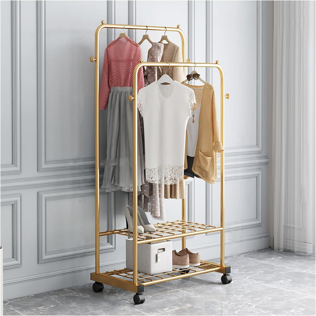 Heavy Duty Double Clothes Rail Freestanding Garment Hanger with 2-Tier Shelves, Mobile Metal Coat & Shirt Rack, Sturdy Clothing Drying Stand on 4 Rolling Casters
