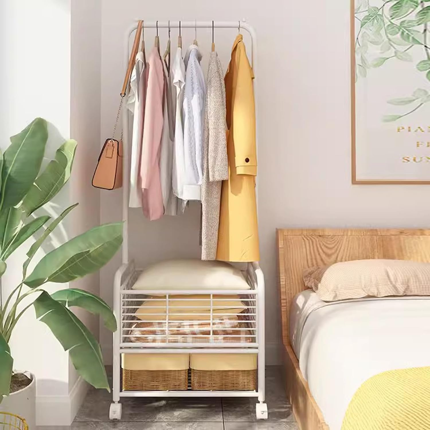 Heavy duty Garment rack Freestanding Metal Coat Rack On Wheel, Heavy Duty Clothing Rack With Storage Basket And Shelves, Space-saving Clothes Organizer For Entryway And Bedroom, White, 62X50X173CM.