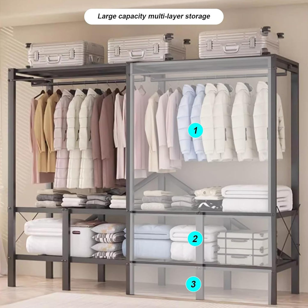 Large Heavy-Duty Portable Wardrobe Closet Rack with Cover - Rolling Freestanding Clothes Organizer System for Hanging Clothes