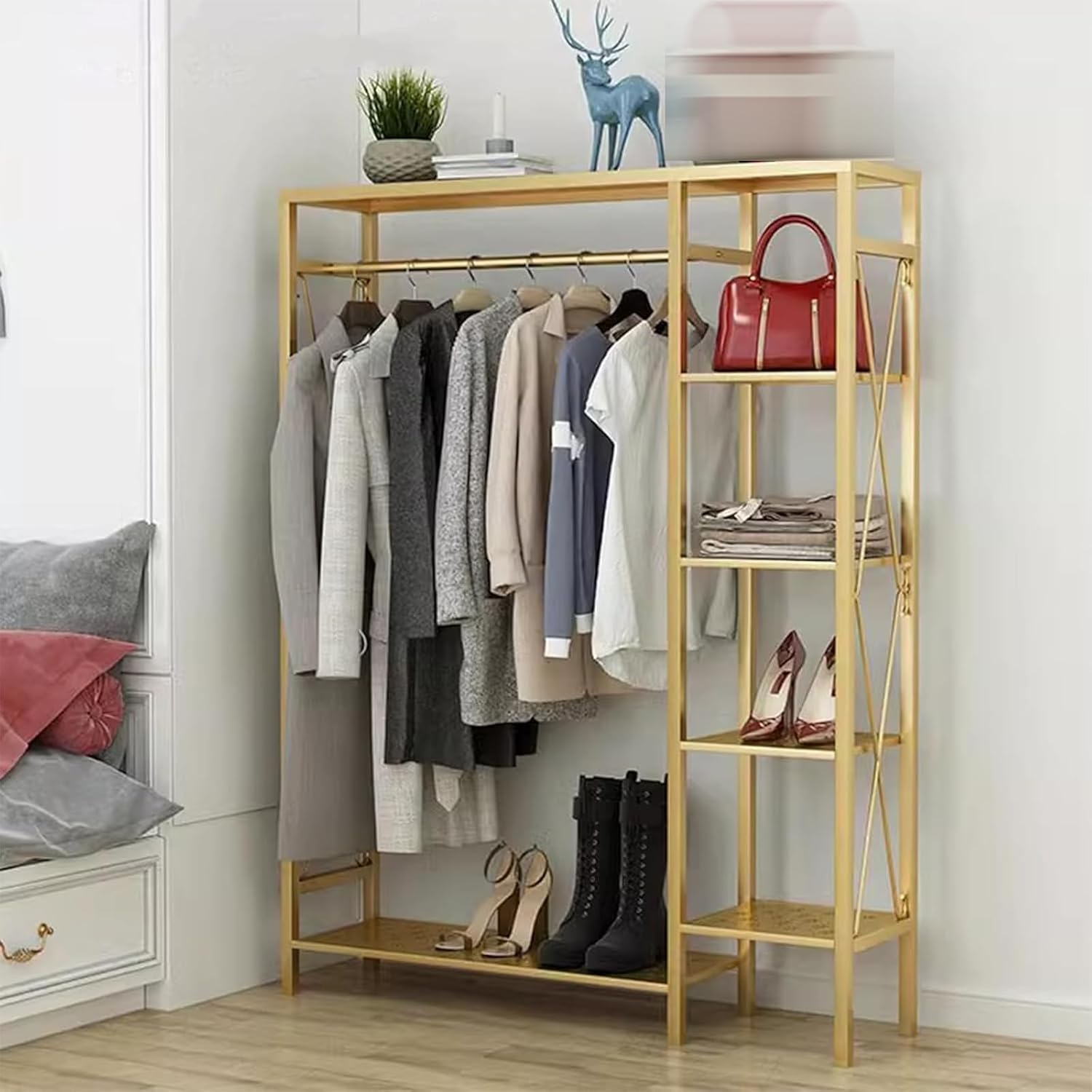 Heavy duty Garment rack Metal Free-Standing Clothing Rack, Portable Clothes Storage Organizer For Bedroom And Laundry Room, Space Saving Coat Rack With 6 Tier Shelves And Hanging (Gold 120X30X155CM)