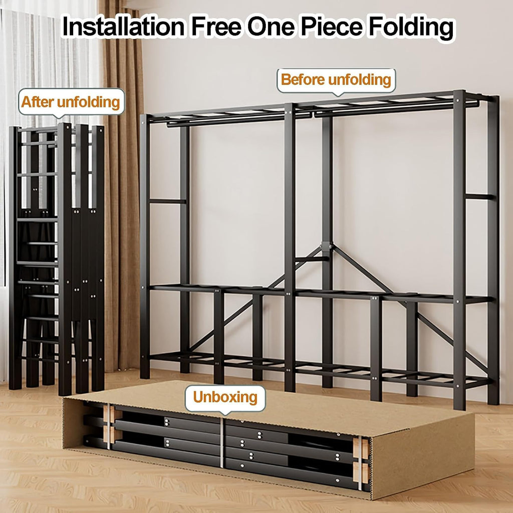 Heavy Duty Clothes Rack With Cover Foldable Wardrobe Closet For Hanging Clothing Metal Garment Rack Freestanding Covered Armoire For Bedroom(B,221cm/87in)