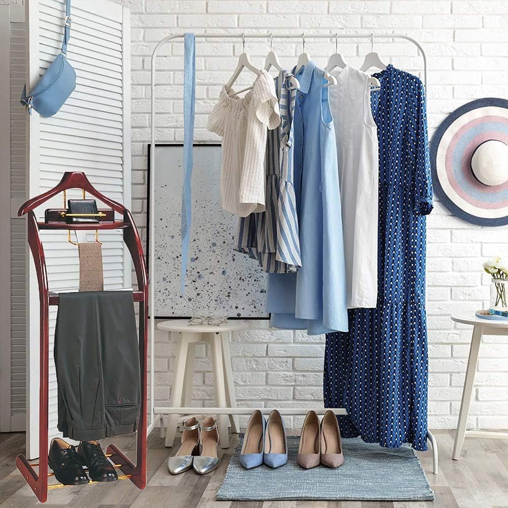Freestanding Wooden Suit Hanger Valet Stand - Silent Clothes Rack for Shirts & Trousers Stylish Floor Standing Organizer for Bedroom Office & Bathroom - 41X35X116Cm