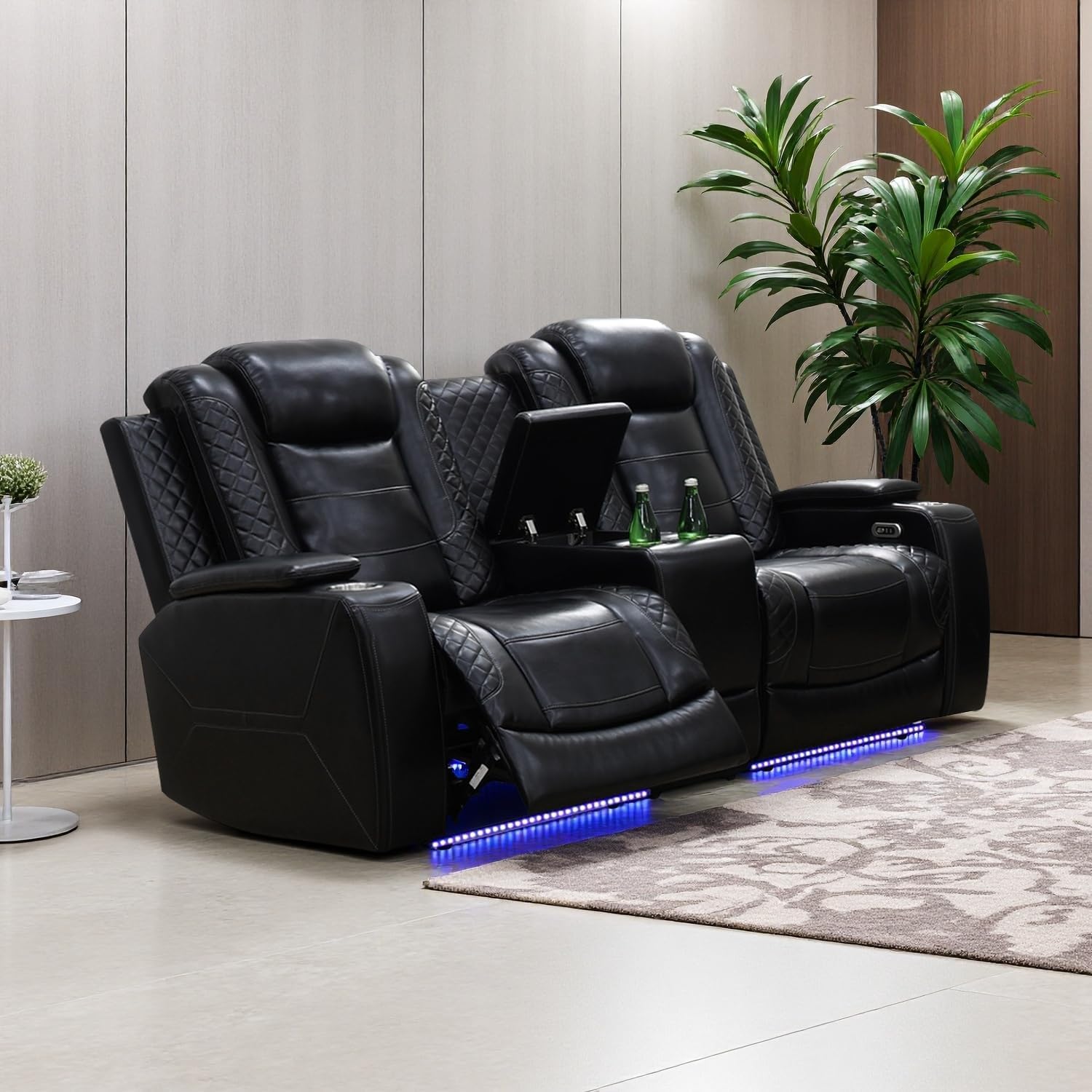 Leather Power Recliner Loveseat with LED Lights, Home Theater Reclining Sofa Loveseat, 2 Seater Reclining Couch with Arm Storage/Cup Holders/USB Port for Living Room/Bedroom/Office
