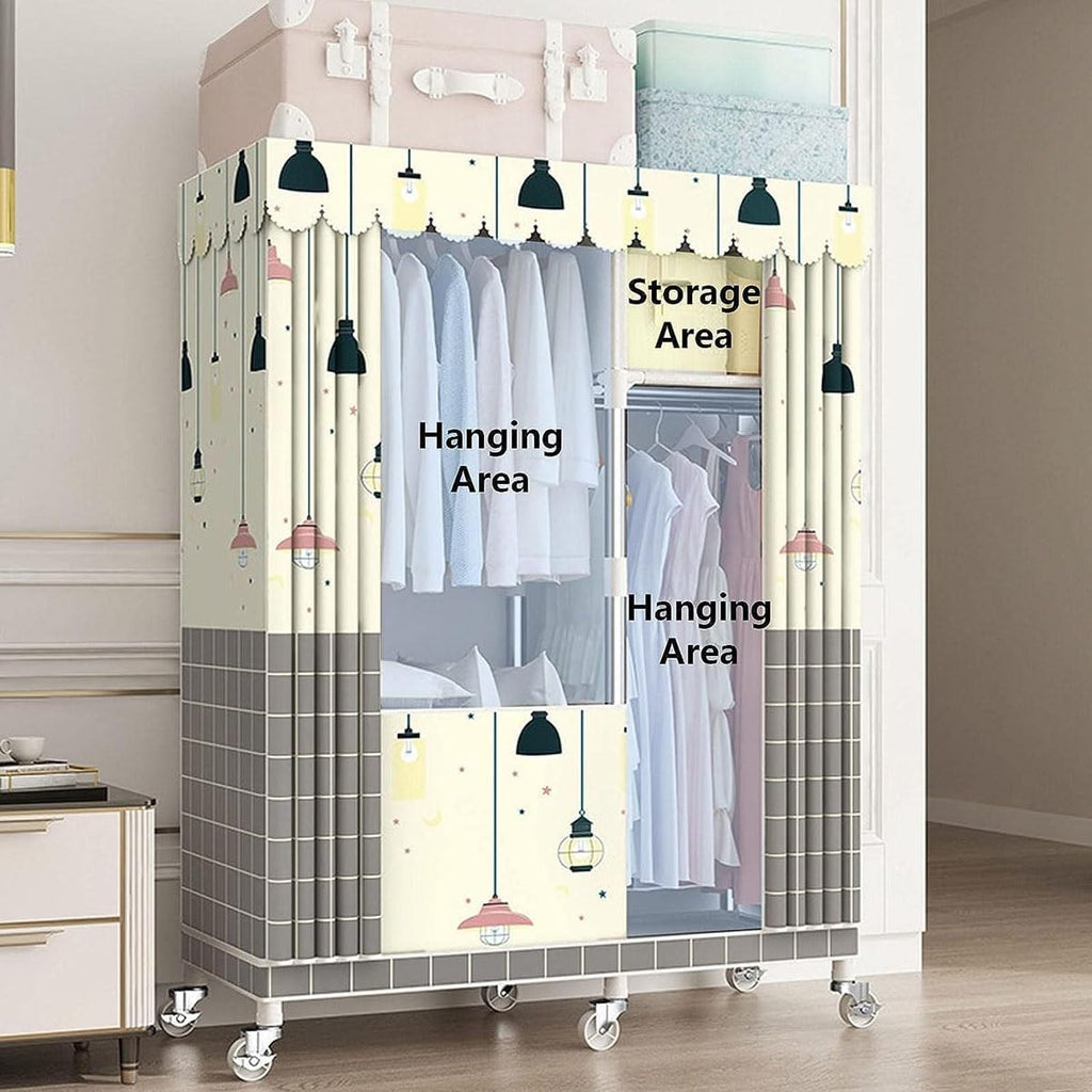 Rolling Garment Rack With Cover And Wheels Metal Clothing Rack For Hanging Clothes Freestanding Wardrobe Closet With 2 Shelves & 2 Hanging Rods For Bedroom (Color : A, Size : 102x45x170cm)