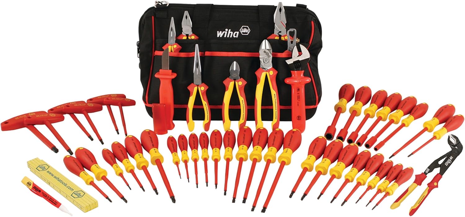 Wiha 32874 Insulated Tool Set with Pliers, Cutters, Nut Drivers, Screwdrivers, T Handles, Knife, Ruler and Voltage detector, 50 Piece Set in Canvas Tool Bag