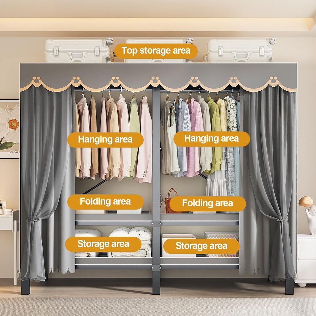 Foldable Portable Closet Wardrobe Metal Garment Racks Clothe Rack With Cover 2000Ibs Clothing Rack For Hanging Clothes Freestanding Armoire Storage(A,127cm/50inch)