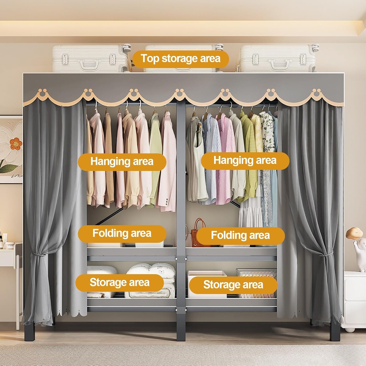 Foldable Portable Closet Wardrobe Metal Garment Racks Clothe Rack With Cover 2000Ibs Clothing Rack For Hanging Clothes Freestanding Armoire Storage(A,127cm/50inch)