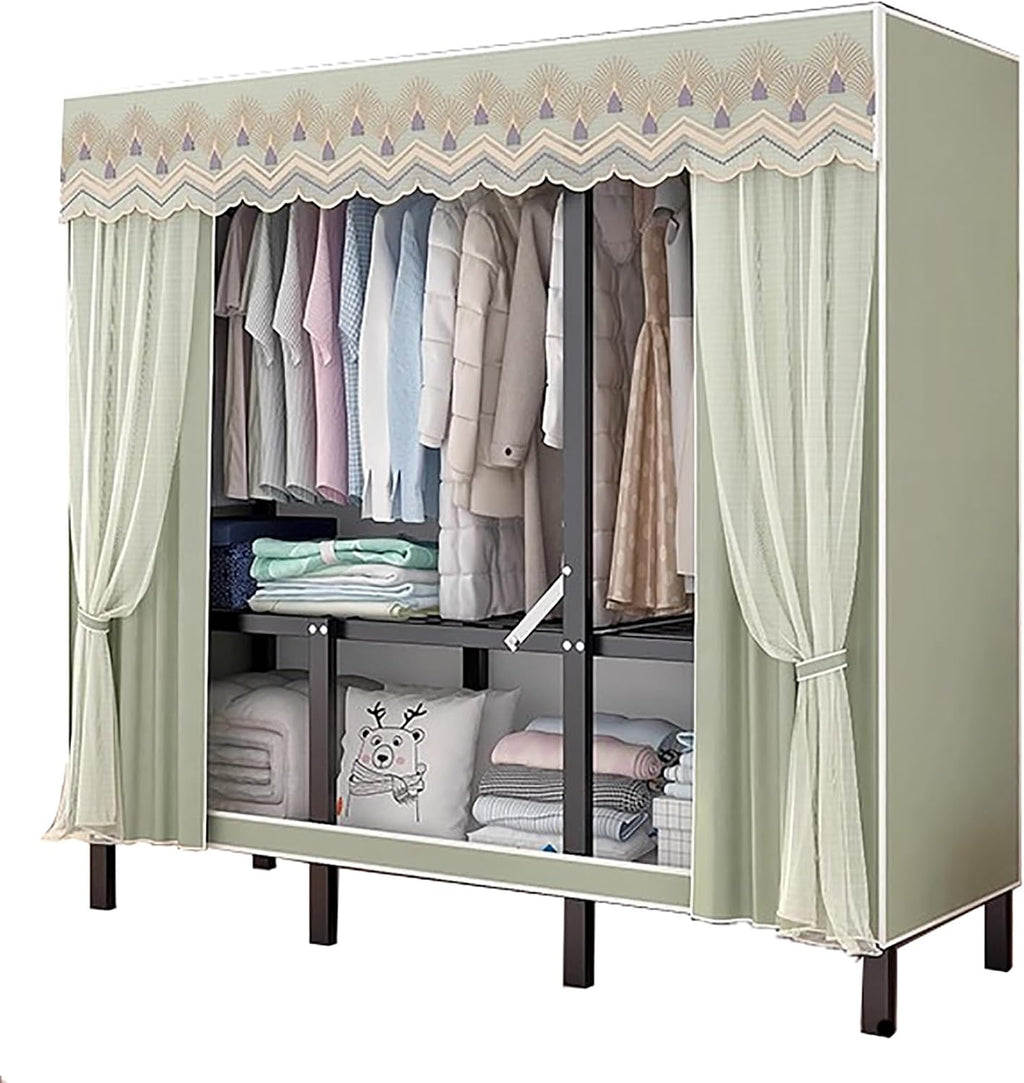 Portable Foldable Wardrobe Closet, Garment Rack with Cover for Hanging Clothes, Clothes Rack with Storage Basket, Clothes Storage Box, Thickened Steel Tube(Green,59x67in/150x67in)