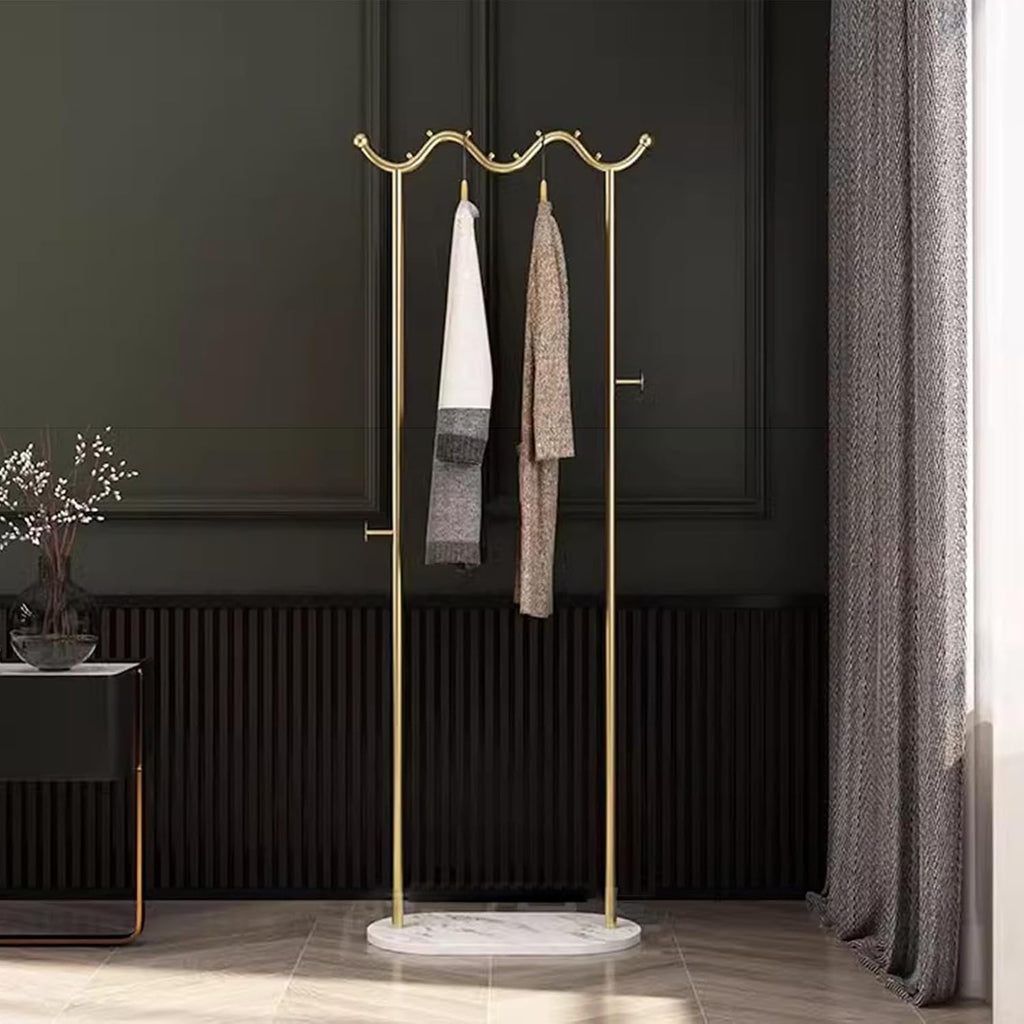 Heavy Duty Coat Rack, Garment Rack Modern Metal Clothing Rack with Marble Base, Freestanding Coat Rack with Hanging Rod and 2 Hooks, Space Saving Clothes Organizer for Bedroom and Office (Gold White
