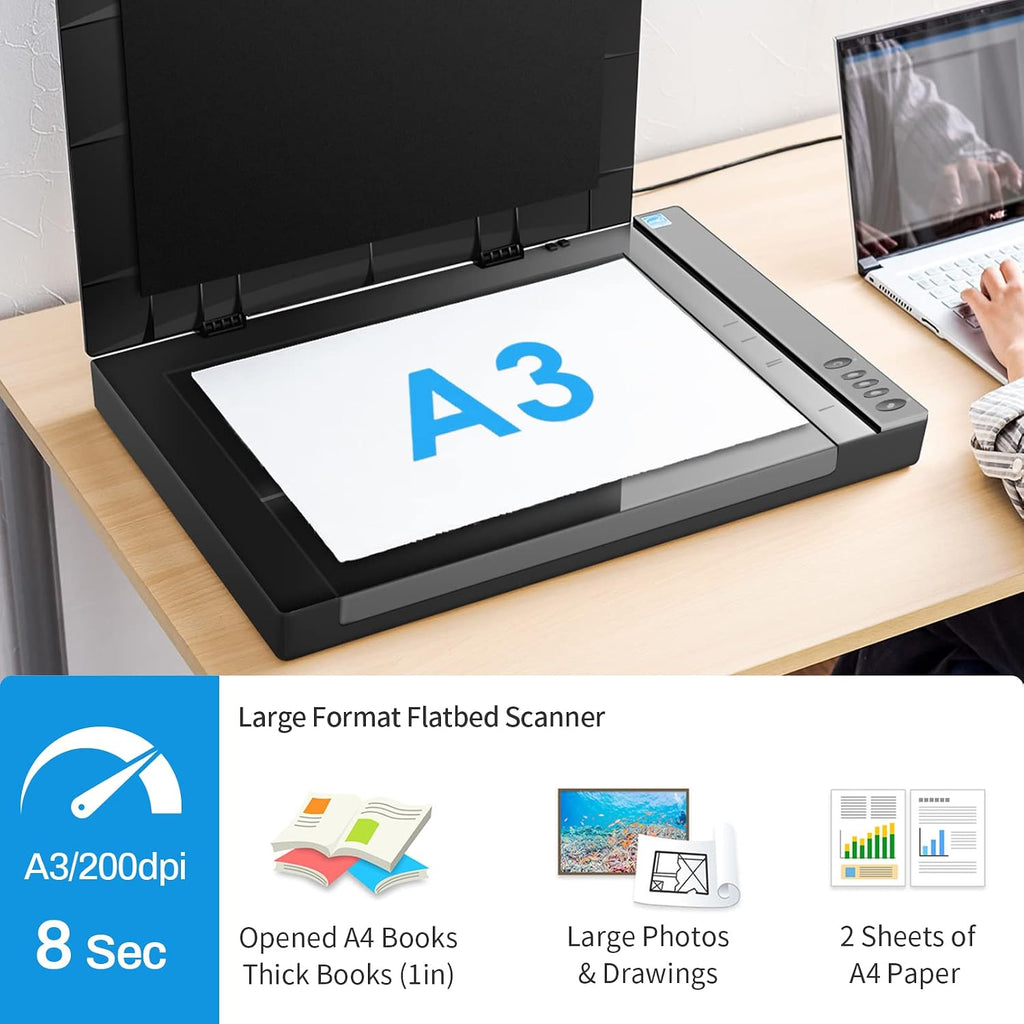 VIISAN 3120 A3 Flatbed Scanner, 1200 DPI, CIS Sensor, Scan 11.7' x 16.7' in 8 sec, Frameless, Auto-Scan, Document & Photo & Book Scanner, Design for Library, School and Soho. Supports Windows & Mac